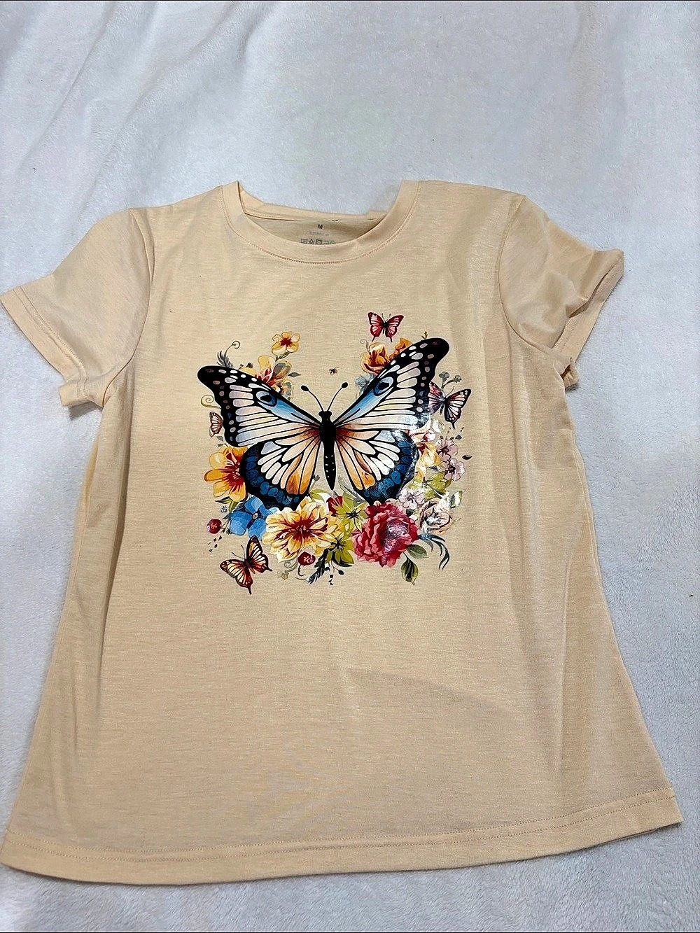 SHEIN Butterfly & Flower Printed T-shirt Beige Small